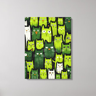 Whimsical Feline Delight - Green Doodle Cat Lover Leinwanddruck