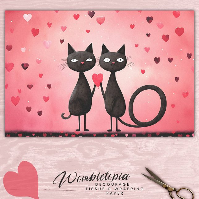 Whimsical Feline Pink & Red Liebe Herzdekoupage Seidenpapier (Von Creator hochgeladen)