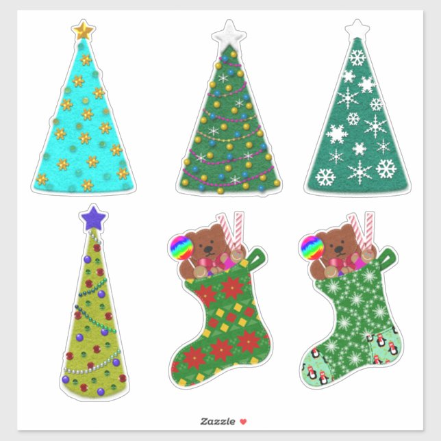 Whimsical Felt Look Christmas Trees & Stockings Aufkleber (Blatt)
