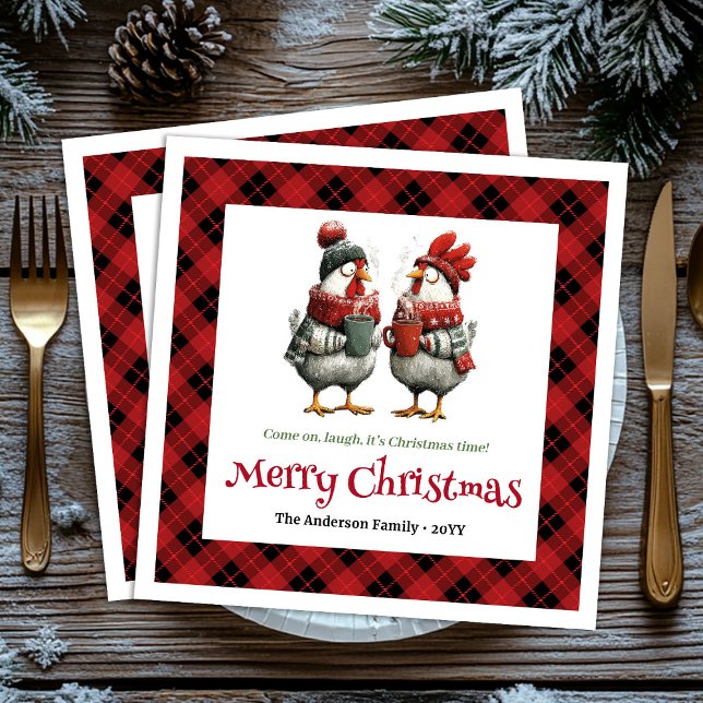 Whimsical festive chickens napkin with custom name serviette (Modern Quirky Chickens Editable Cartoon Red Green Christmas Napkins

)