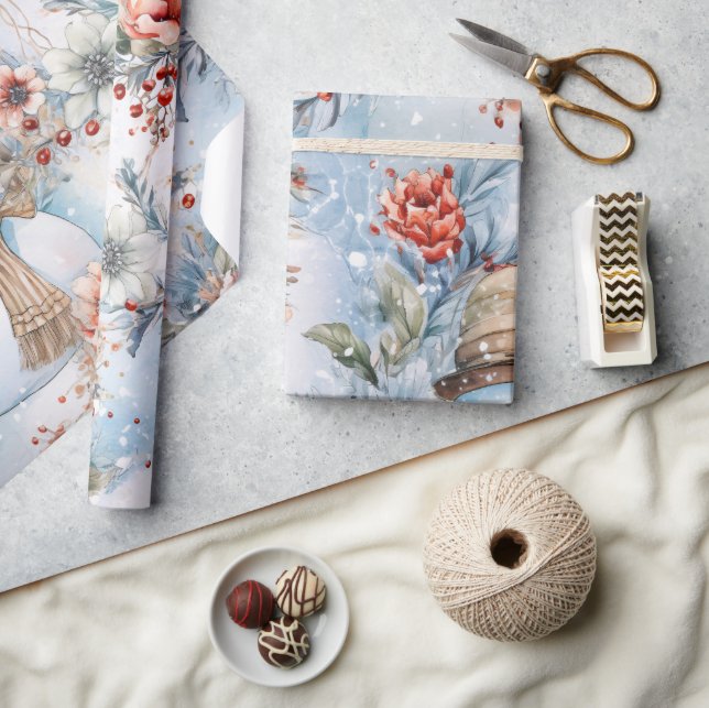 Whimsical Festive Floral Snowman Decoupage Geschenkpapier (Kunsthandwerk)