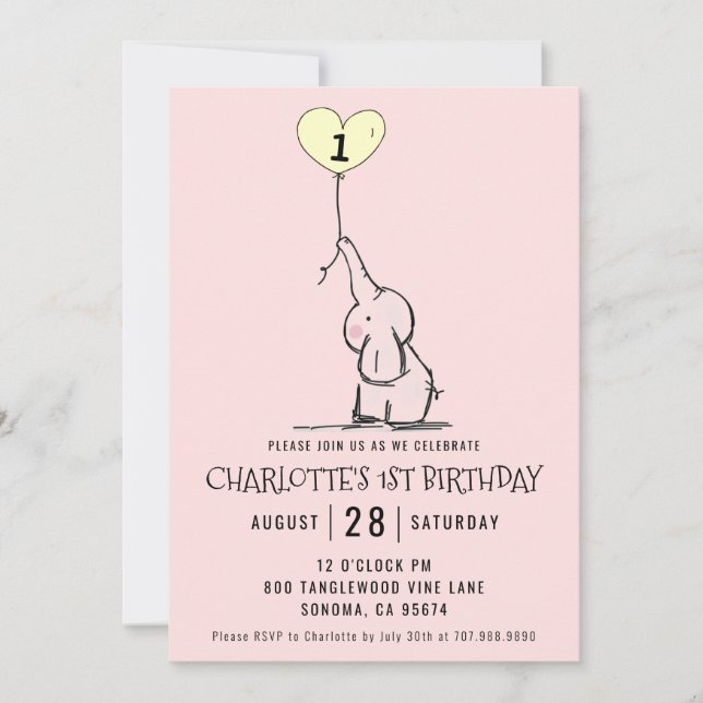Whimsical First Birthday | Elephant Pink Einladung (Vorderseite)