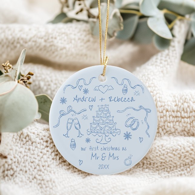 Whimsical First Weihnachten verheiratet handgezeic Keramik Ornament (Von Creator hochgeladen)