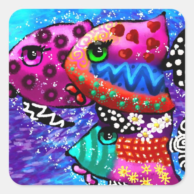 Whimsical Fish Trio farbenfroh Abstrakt nautic Quadratischer Aufkleber (Vorderseite)