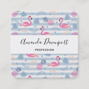 Whimsical Flamingo & Ananas Muster Quadratische Visitenkarte
