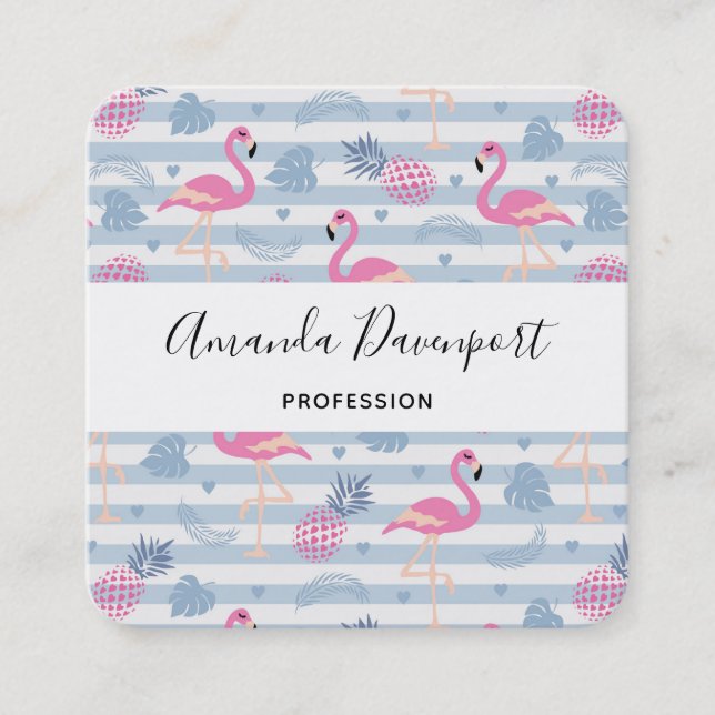 Whimsical Flamingo & Ananas Muster Quadratische Visitenkarte (Vorderseite)