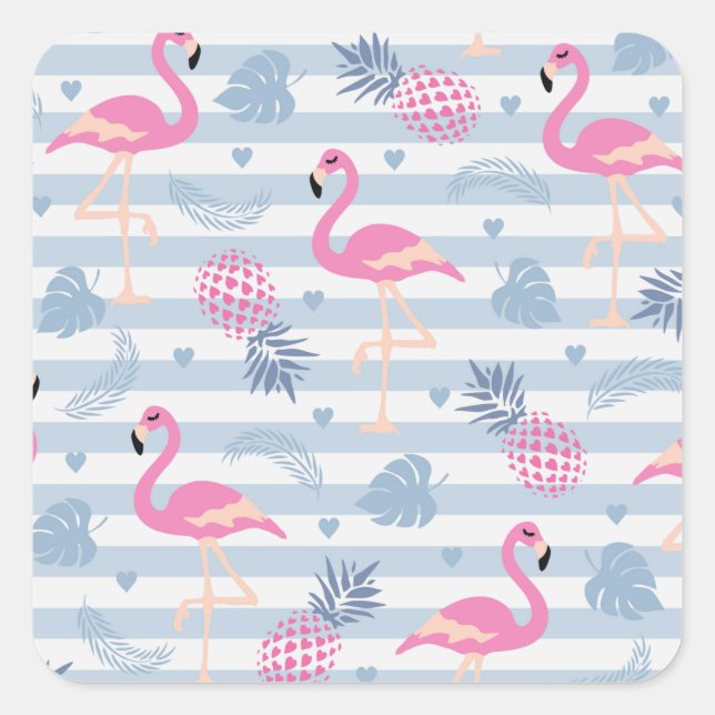 Whimsical Flamingo & Ananas Muster Quadratischer Aufkleber (Vorderseite)