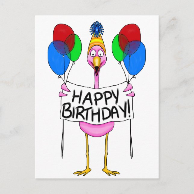 Whimsical Flamingo Happy Birthday Balloons Postkarte (Vorderseite)