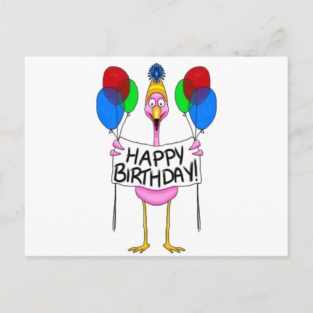 Whimsical Flamingo Happy Birthday Balloons Postkarte (Vorderseite)