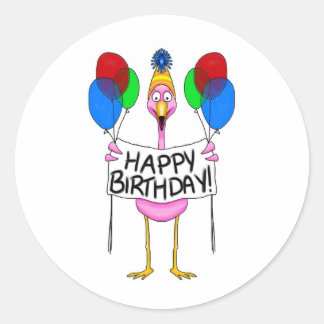 Whimsical Flamingo Happy Birthday Balloons Runder Aufkleber