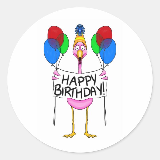 Whimsical Flamingo Happy Birthday Balloons Runder Aufkleber (Vorderseite)