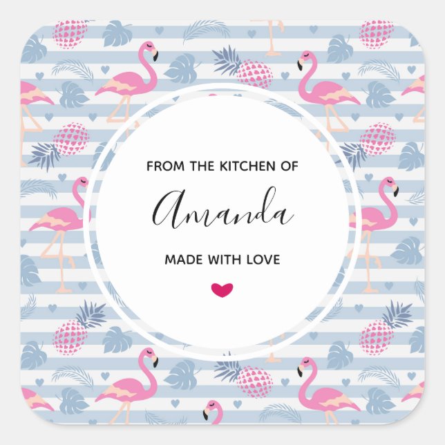 Whimsical Flamingo & PineapMuster Küche Quadratischer Aufkleber (Vorderseite)
