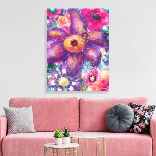 Whimsical Floral Abstract Art Teal Purple Pink Leinwanddruck (Insitu (Wohnzimmer))