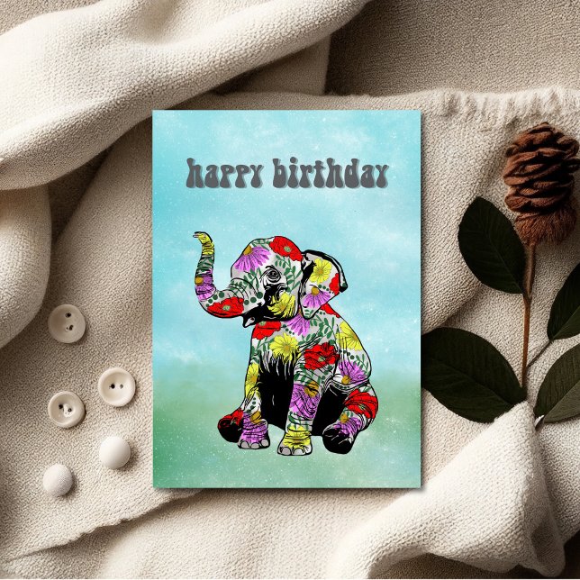 Whimsical Floral Baby Elephant Birthday Card Karte (Unique Birthday Cards: Geometric and Flat Art styles featuring florals, animals, and modern designs.)