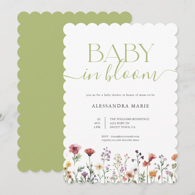Whimsical Floral Baby in Bloom Shower Einladung (Vorne/Hinten)