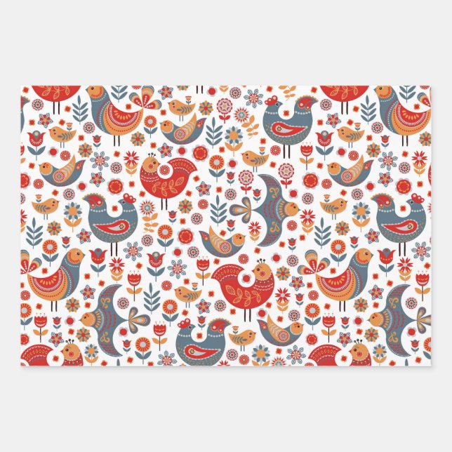 Whimsical Floral Birds Skandinavisches Wrapping Pa Geschenkpapier Set (Vorderseite)