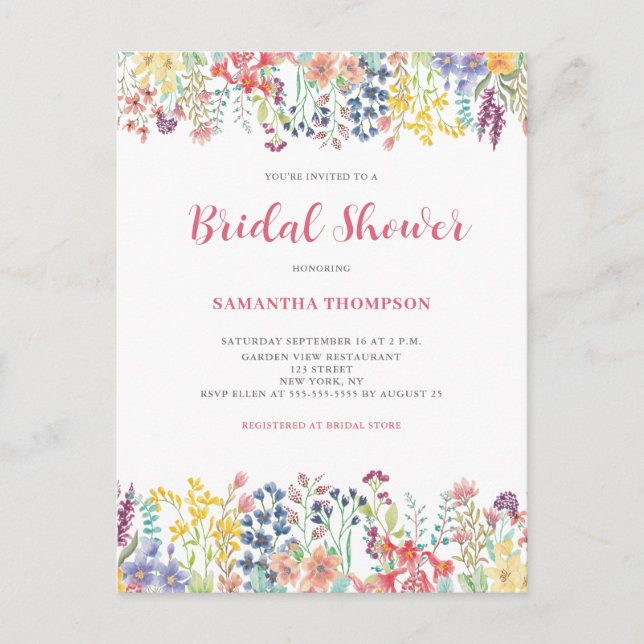 Whimsical Floral Bridal Dusche Einladung Postkarte (Vorderseite)