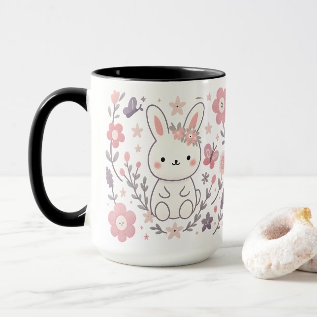 Whimsical Floral Bunny Ceramic Mug Tasse (Mit Donut)