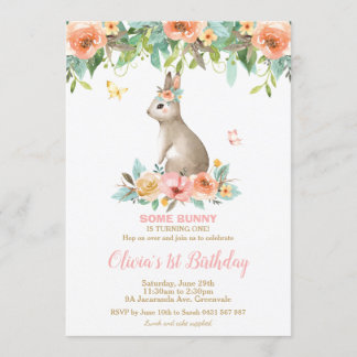 Whimsical Floral Bunny Kanbit 1. Geburtstag Party Einladung