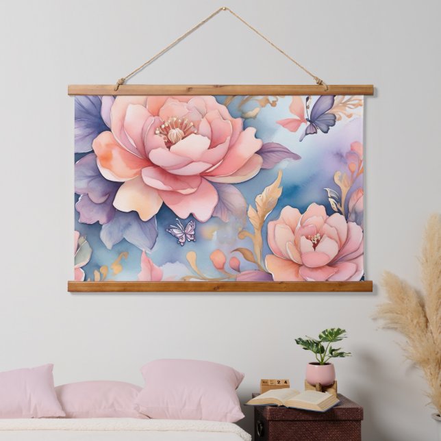 Whimsical Floral Butterfly Nature Liebhaber Wandteppich Mit Holzrahmen (Schlafzimmer)