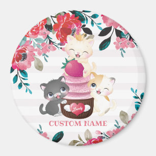 Whimsical Floral Cartoon Cats Strawberry Cupcake Magnet