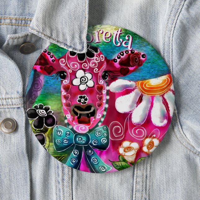 Whimsical Floral Cow Pink Teal Black Personalized Button (Beispiel)