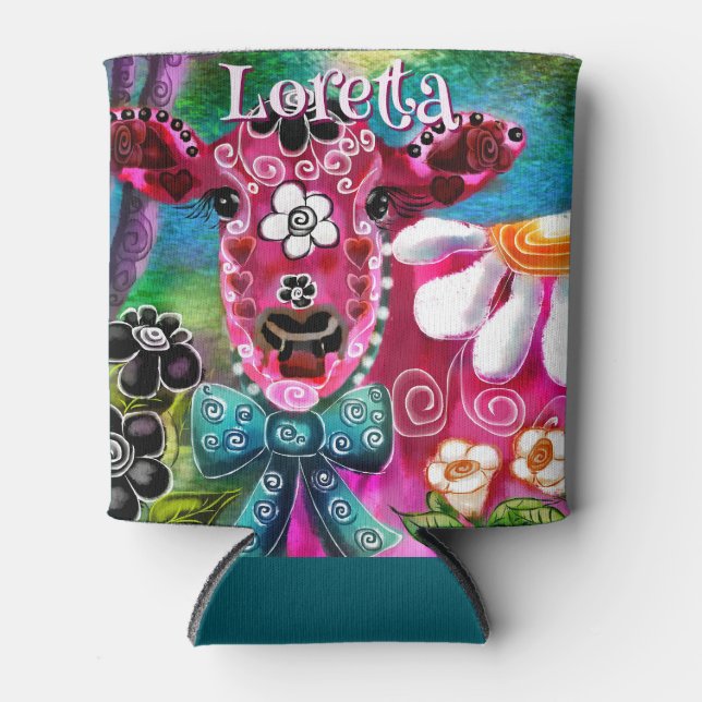 Whimsical Floral Cow Pink Teal Black Personalized Dosenkühler (Vorderseite)