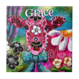 Whimsical Floral Cow Pink Teal Black Personalized Fliese