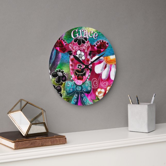 Whimsical Floral Cow Pink Teal Black Personalized Große Wanduhr (Büro)