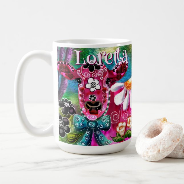 Whimsical Floral Cow Pink Teal Black Personalized Kaffeetasse (Mit Donut)