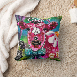 Whimsical Floral Cow Pink Teal Black Personalized Kissen