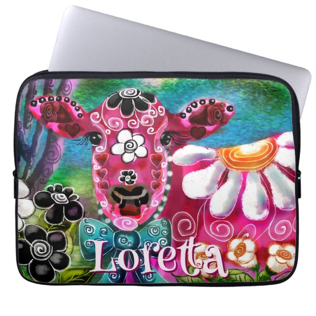 Whimsical Floral Cow Pink Teal Black Personalized Laptopschutzhülle (Vorderseite)