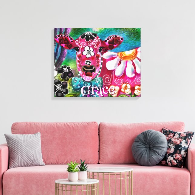 Whimsical Floral Cow Pink Teal Black Personalized Leinwanddruck (Insitu (Wohnzimmer))