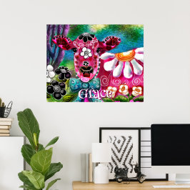 Whimsical Floral Cow Pink Teal Black Personalized Poster