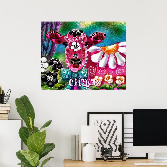 Whimsical Floral Cow Pink Teal Black Personalized Poster (Heimbüro)