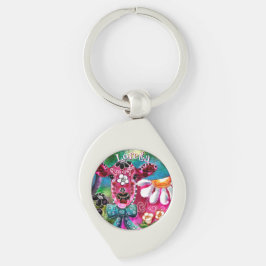 Whimsical Floral Cow Pink Teal Black Personalized Schlüsselanhänger