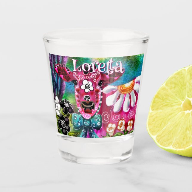 Whimsical Floral Cow Pink Teal Black Personalized Schnapsglas (Vorderseite)