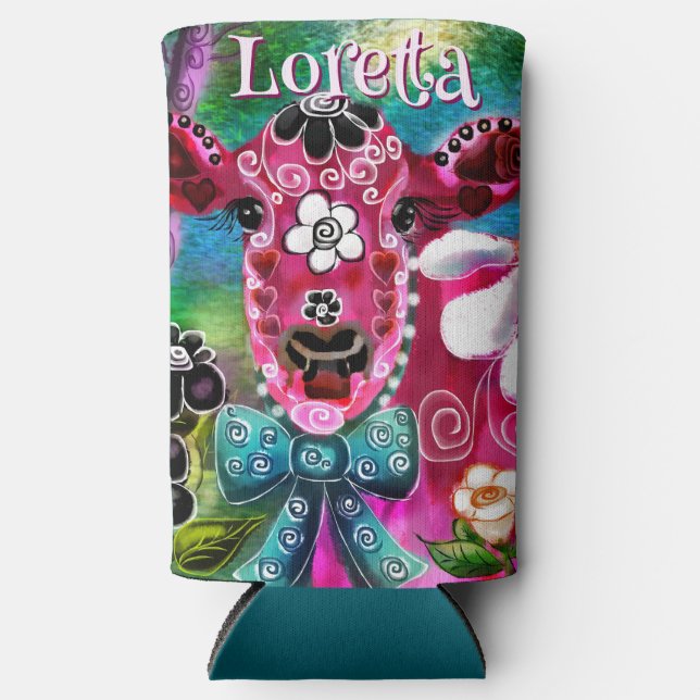Whimsical Floral Cow Pink Teal Black Personalized Selters Dosenkühler (Vorderseite)