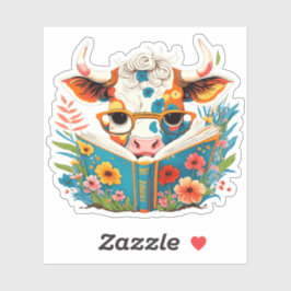 Whimsical "Floral Cow Reading Book" Vinyl Aufkleber