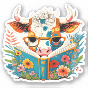 Whimsical "Floral Cow Reading Book" Vinyl Aufkleber