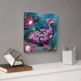 Whimsical Floral Duck Purple Teal Personalized Quadratische Wanduhr