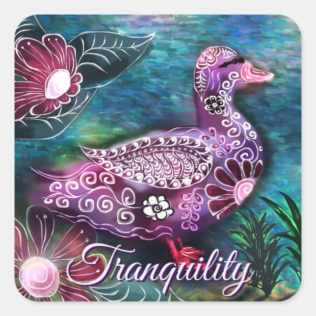 Whimsical Floral Duck Purple Teal Personalized Quadratischer Aufkleber (Vorderseite)