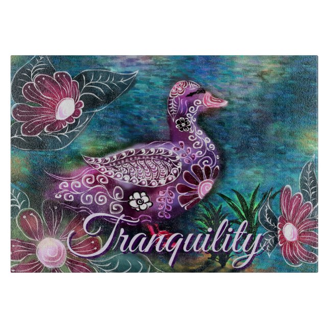 Whimsical Floral Duck Purple Teal Personalized Schneidebrett (Vorderseite)