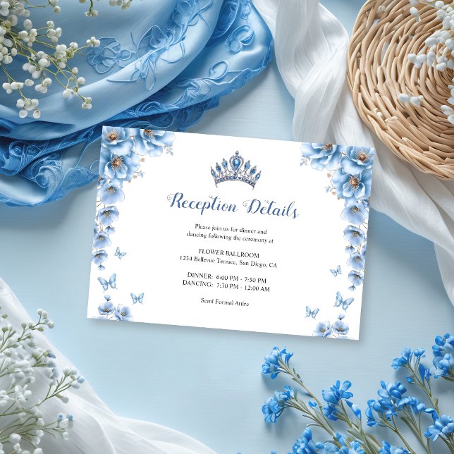 Whimsical Floral Dusty Blue Quinceañera Empfang Begleitkarte (Von Creator hochgeladen)