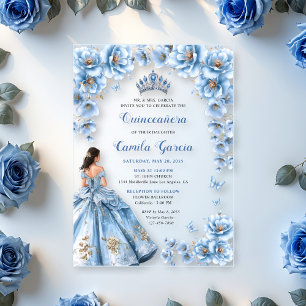Whimsical Floral Dusty Blue Tiara Quinceañera Acryleinladungen