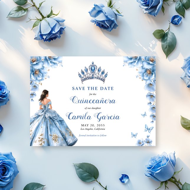 Whimsical Floral Dusty Blue Tiara Quinceañera Save The Date (Von Creator hochgeladen)