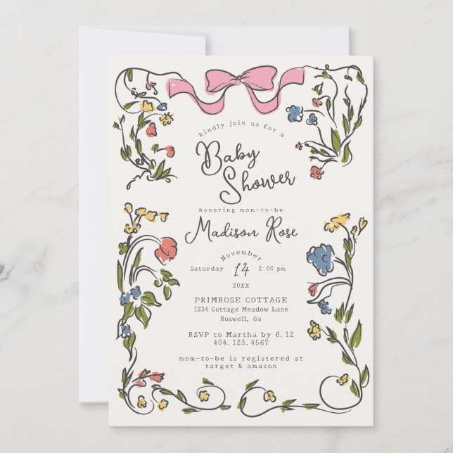 Whimsical Floral Girl Doodle Baby Shower Invite Einladung (Vorderseite)