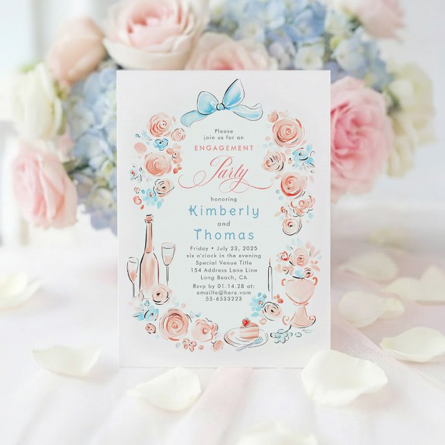 Whimsical Floral Hand Drawn Bow Engagement Party Einladung (Dusty Blue and Pink Whimsical Floral Engagement Party Invitations)