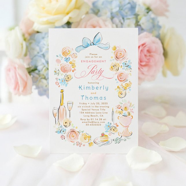 Whimsical Floral Hand Drawn Bow Engagement Party Einladung (Pastel Floral Whimsical Engagement Party Invitations)