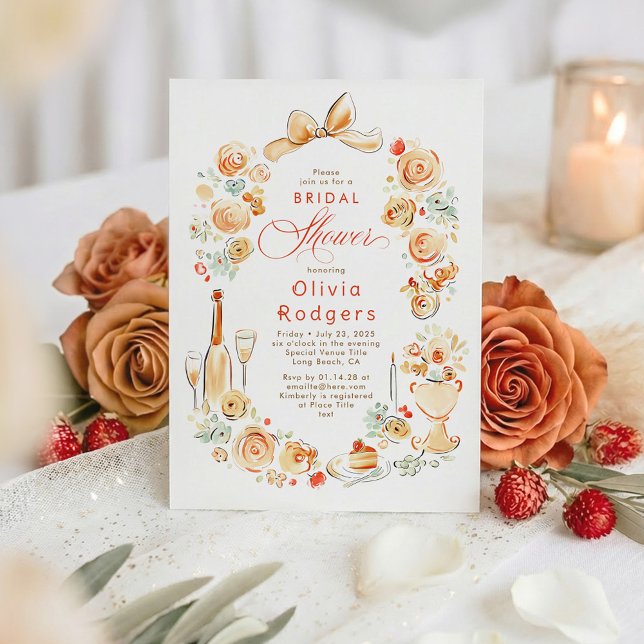 Whimsical Floral Hand Drawn Bow Fall Bridal Shower Einladung (Terracotta Hand-illustrated Whimsical Chic Bridal Shower Invitation)